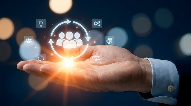 Change management strategy concept with business professional presenting digital team interface, organizational transformation process, leadership alignment and workforce transition