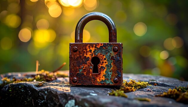 Rusty padlock sits on a stone surface, set against a backdrop of blurred foliage and sunlight