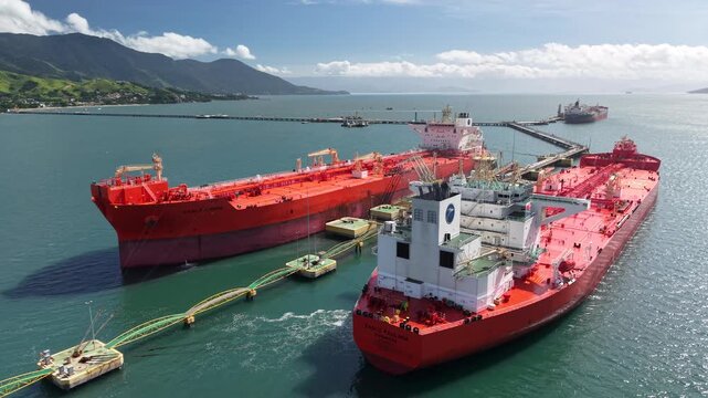 Oil Tankers docked at the Port of S&atilde;o Sebasti&atilde;o highlights the region&rsquo;s importance for logistics and maritime trade on the north coast of S&atilde;o Paulo - S&atilde;o Sebasti&atilde;o, S&atilde;o Paulo, Brazil