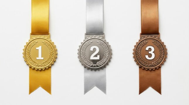 Gold silver and bronze medals for first second and third place displayed on a white background