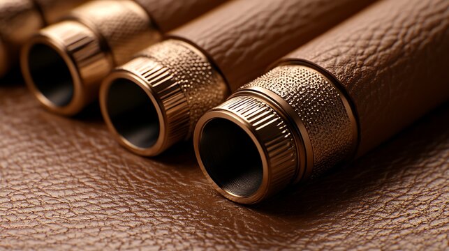 Luxury Pens Closeup of golden pen nibs on brown leather background with detail.