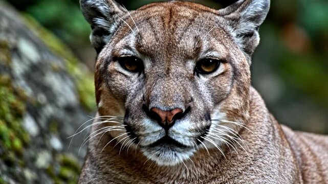 Extreme close-up portrait of a cougar mountain lion with intense amber eyes, detailed whiskers, and wet nose looking directly at the camera against a blurred forest background.