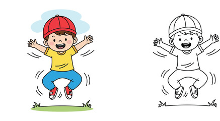 Fototapeta premium Happy little boy jumping with joy in the park colored illustration and black and white line art coloring page for kids educational school projects and leisure activities