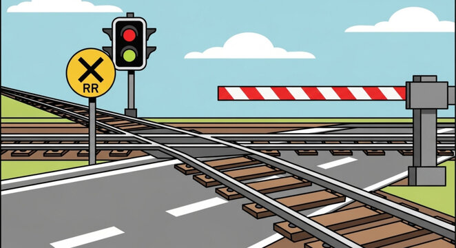 Railroad crossing with traffic signal and barrier gate.