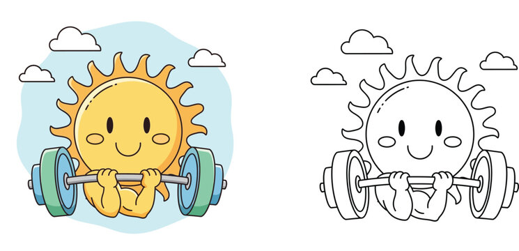 Cute sun character lifting heavy barbell weights for fitness set of colored illustration and black and white line art coloring page for kids educational and sports theme projects