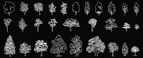Minimal Style CAD Tree Line Drawing, Side View Set of Tree Elements, Outline Symbols for Architecture and Landscape Design, Outdoor Forest Garden Section, Clean Vector Illustration © YET FAR 