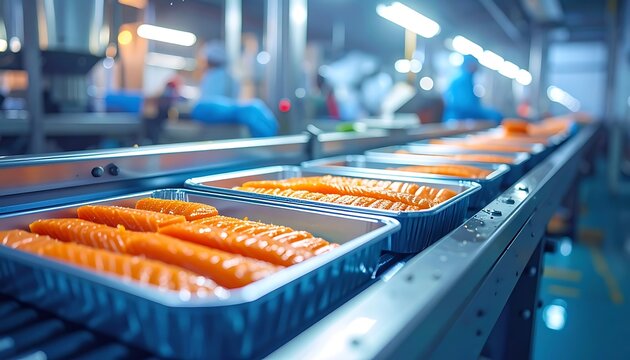 Salmon fillets in trays travel on a conveyor belt in a clean, brightly lit food processing plant