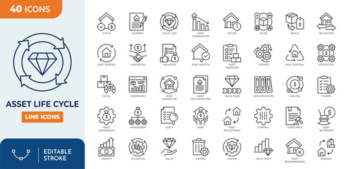Asset lifecycle icon set. Contain icons related to asset, lifecycle, value, phase, service, repair, planning, acquisition, maintenance, optimization, and more. Editable stroke. Vector illustration