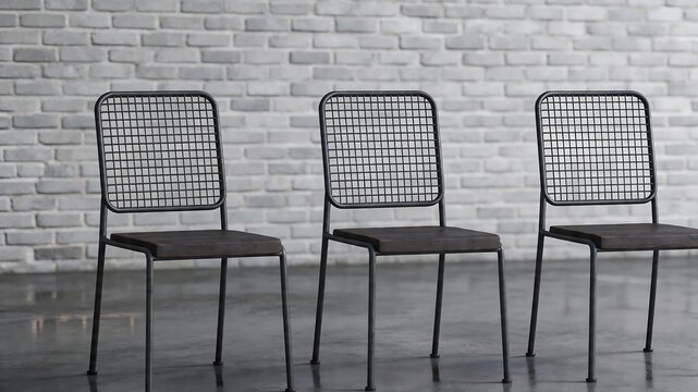 Industrial Metal Mesh Chairs with Wooden Seats Against Brick Wall in Urban Cafe Setting