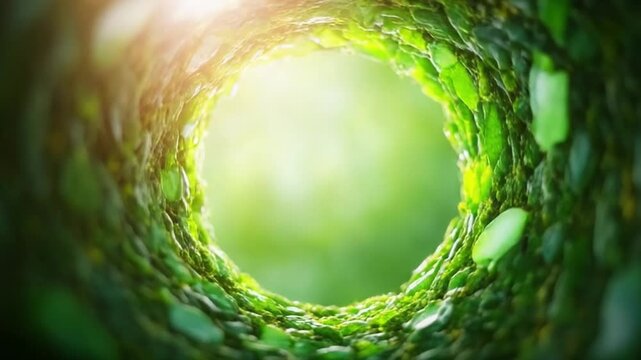 Lush Green Tunnel: A vibrant, inviting tunnel of green foliage leads the eye towards a soft, luminous light, hinting at the beauty that awaits. 
