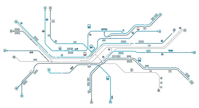 Detailed public transportation map with many lines and stations.