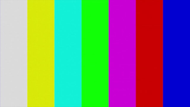 Retro 2D motion graphic: glowing cyan fullscreen bar, a vintage TV test pattern with analog glitch and digital pixel error on black.