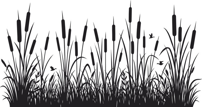 Minimalist black cattail silhouette border featuring marsh grass bulrushes and flying ducks isolated on white background.