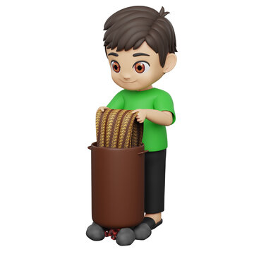 3D cartoon boy character in a green shirt dipping a piece of brown batik fabric into a bucket for the dyeing.