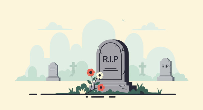 Graveyard Scene with RIP Tombstones and Flowers