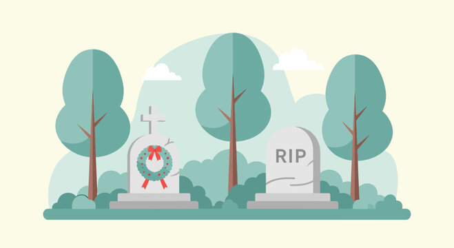 Graveyard Scene with Tombstones, Trees, and Wreath