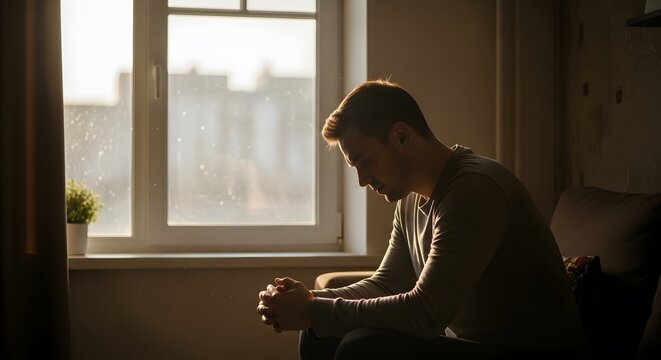 Sad Pensive Man Sitting by Window in Dimly Lit Room, Natural Light