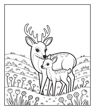 Forest animal coloring page for kids and adults of two cute deer standing in natural field black outline vector illustration