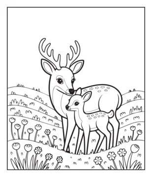 Forest animal coloring page for kids and adults of two cute deer standing in natural field black outline vector illustration