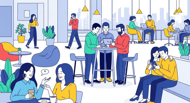 Diverse group of people socializing and working in a modern coworking space.