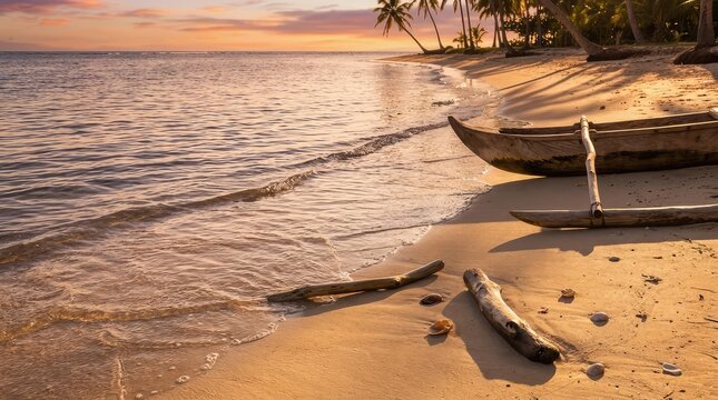 Traditional outrigger canoe rests on a serene tropical beach during a golden sunset with palm trees