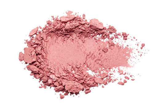 Crushed pink cosmetic powder top view isolated. Makeup blush texture.