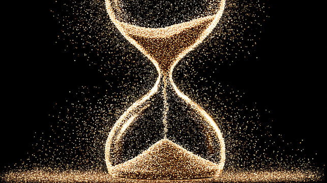 Hourglass with golden sand grains falling against a solid black background, hourglass