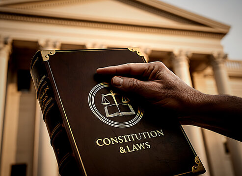 Hand holding a constitution book in front of government building