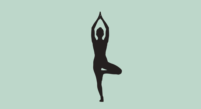 Silhouette of woman in yoga tree pose, vrikshasana, isolated on pastel background