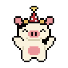 Fototapeta premium Pixel art cute cow character with red party hat