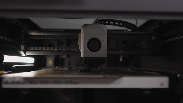 3d printer nozzle extruding material onto the print bed, fabricating custom object through an additive manufacturing process, showcasing modern automation and technological innovation
