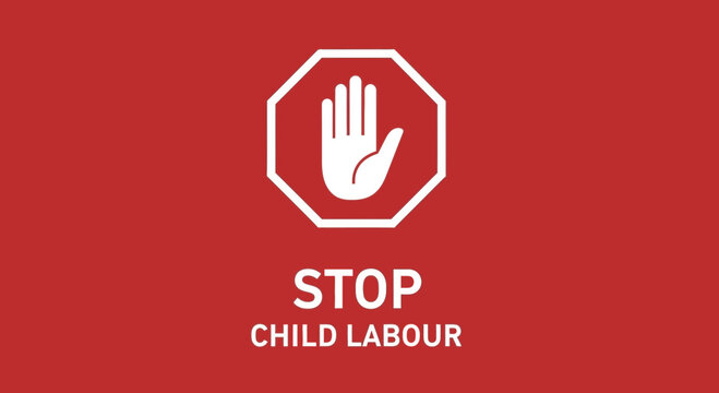 Stop Child Labour - White Hand Icon and Text on Red Background