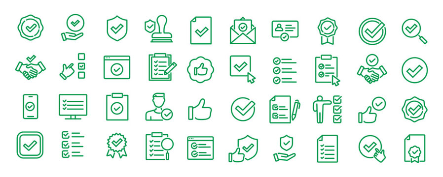 Checkmark and Approved web icon set in line style. Checklist, accepted, stamp, accept, agree, quality control, collection. Editable stroke. Vector illustration.
