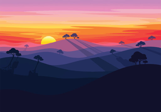 A serene sunset over rolling hills