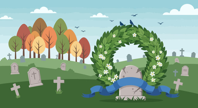 Cemetery Scene with Wreath and Gravestones, Autumn Trees and Birds