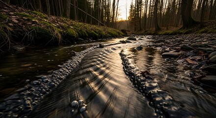 Naklejka premium Stream in forest at sunset with sunlight reflections