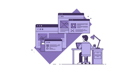 Naklejka premium Man working on computer with web design elements illustration