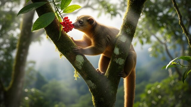 a kinkajou climbing among high rainforest branches, long prehensile tail wrapped securely, sniffing bright red berries with curious expression, glossy caramel fur illuminated by dappled sunlight