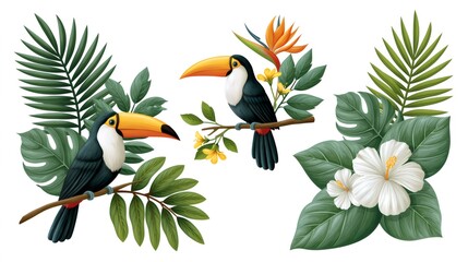 Obraz premium Tropical toucans sitting on branches with exotic flowers