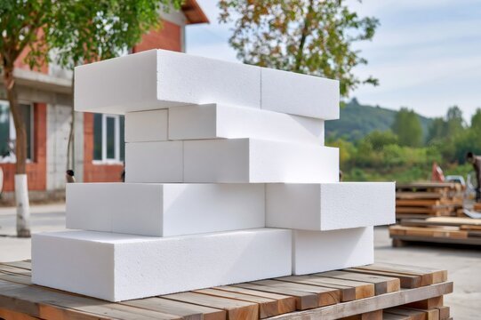 White aerated concrete blocks building material on pallet
