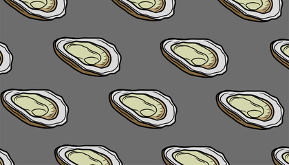 Oyster Seamless Pattern. Handdrawn Shell Seafood Illustration. Marine Coastal Background for Packaging Textile Design © Zayyan 