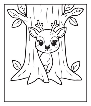 Forest animal coloring page for kids and adults of a cute deer coming behind from a tree black outline vector illustration
