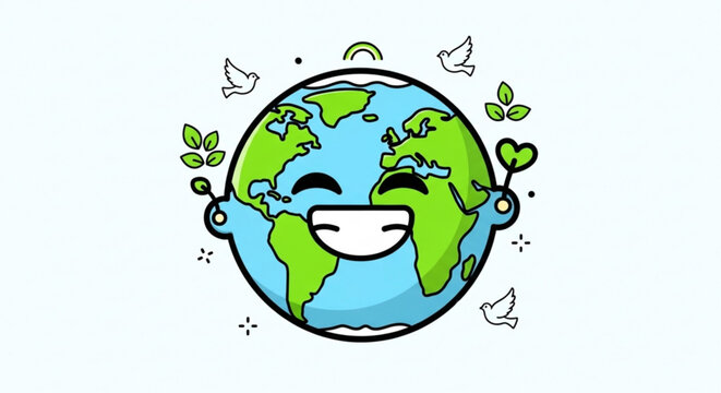 Smiling earth wearing face mask with leaves and birds around