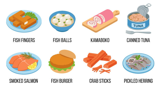 Diverse assortment of processed seafood products including fish fingers balls kamaboko canned tuna smoked salmon burger crab sticks and delicious pickled herring fillets