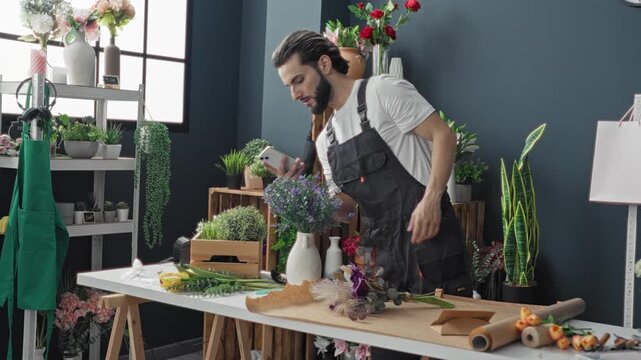 Man florist holding smartphone and arranging flowers on a worktable in studio surrounded by plants and vases; focused craft.