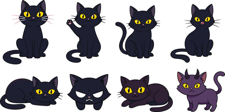 Cute cartoon black cat character vector set featuring various expressions and poses including sitting, waving, lying down, and spooky devil horns for Halloween stickers and pet animal lovers.