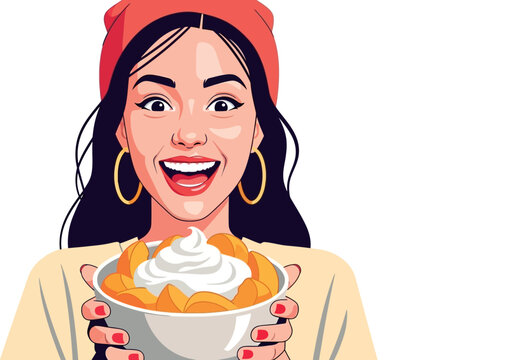 Woman holds bowl of food with whipped topping on a white background smiling
