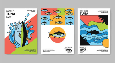 Obraz premium World Tuna Day posters collection colorful graphics celebrating sustainable seafood and ocean conservation awareness campaigns