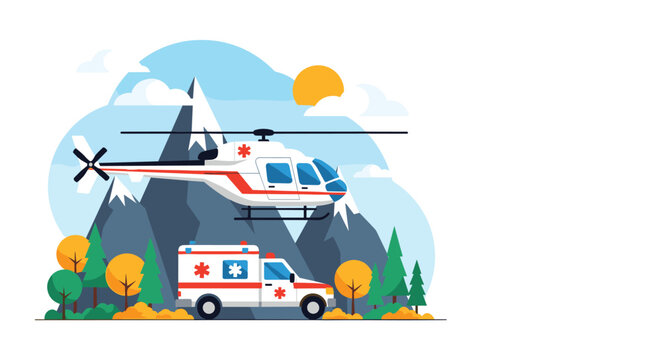 Rescue helicopter and ambulance vehicle positioned in a scenic mountain landscape with autumn trees representing emergency medical services.