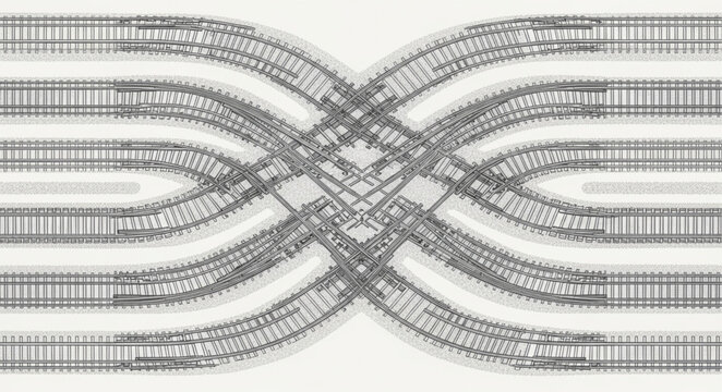 Abstract pattern of intersecting railway tracks.